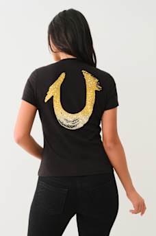 CRYSTAL OMBRE HORSESHOE V NECK TEE, image 1