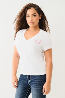 CRYSTAL OMBRE HORSESHOE V NECK TEE, image 2