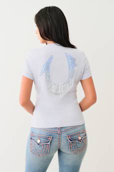 CRYSTAL OMBRE HORSESHOE V NECK TEE, image 1