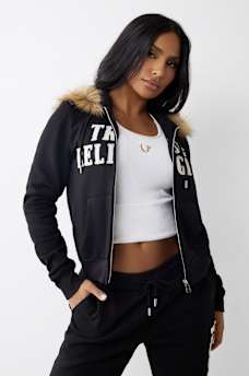 FUR TRIM CLASSIC LOGO ZIP HOODIE, image 2