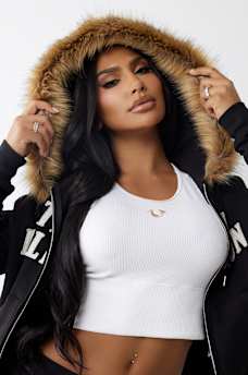 FUR TRIM CLASSIC LOGO ZIP HOODIE, image 7