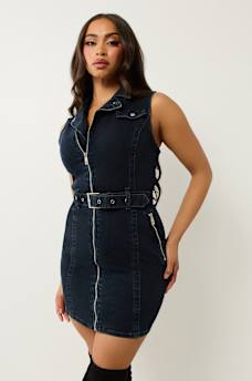 DENIM SLEEVELESS MOTO MINI DRESS, image 3