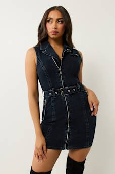 DENIM SLEEVELESS MOTO MINI DRESS, image 1