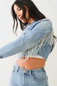 CRYSTAL FRINGE CROP DENIM JACKET, image 4