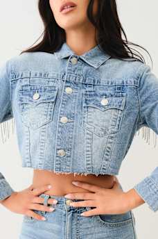 CRYSTAL FRINGE CROP DENIM JACKET, image 5
