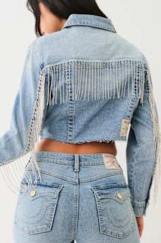 CRYSTAL FRINGE CROP DENIM JACKET, image 1