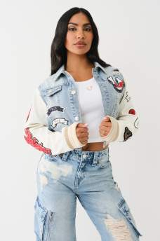 PATCH VARSITY DENIM CROP JACKET
