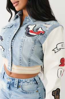 PATCH VARSITY DENIM CROP JACKET