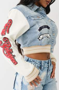 PATCH VARSITY DENIM CROP JACKET