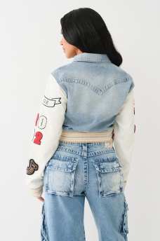 PATCH VARSITY DENIM CROP JACKET