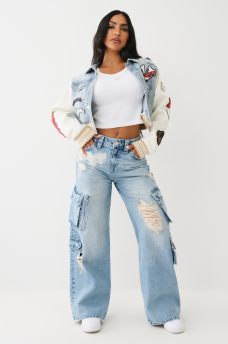 PATCH VARSITY DENIM CROP JACKET