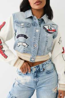 PATCH VARSITY DENIM CROP JACKET