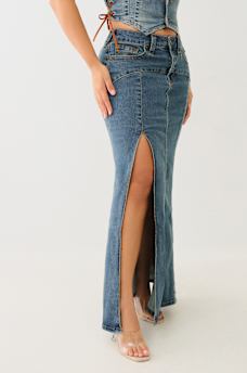 VINTAGE DENIM SLIT MAXI SKIRT