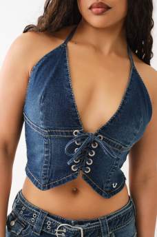 DENIM LACE UP HALTER TOP, image 2