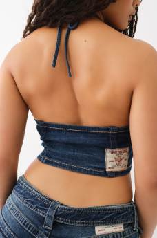DENIM LACE UP HALTER TOP, image 3