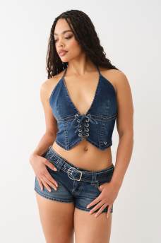 DENIM LACE UP HALTER TOP, image 1