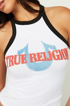 DENIM HORSESHOE APPLIQUE RINGER TANK