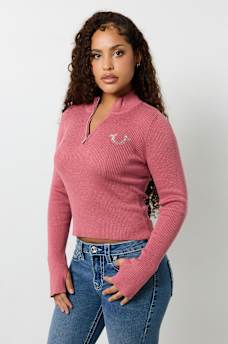 RIB KNIT QUARTER-ZIP MOCK NECK SWEATER, image 1