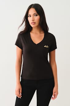 METALLIC PUFF PRINT HORSESHOE V NECK TEE, image 2