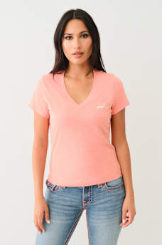 METALLIC PUFF PRINT HORSESHOE V NECK TEE, image 2