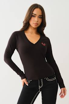CRYSTAL LOGO LONG SLEEVE V NECK TEE, image 3