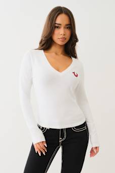 CRYSTAL LOGO LONG SLEEVE V NECK TEE, image 2