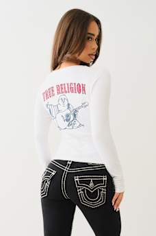 CRYSTAL LOGO LONG SLEEVE V NECK TEE, image 4
