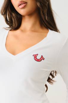 CRYSTAL LOGO LONG SLEEVE V NECK TEE, image 5
