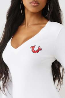 CRYSTAL LOGO LONG SLEEVE V NECK TEE, image 6