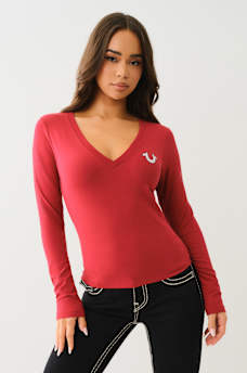 CRYSTAL LOGO LONG SLEEVE V NECK TEE, image 3