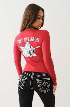 CRYSTAL LOGO LONG SLEEVE V NECK TEE, image 4