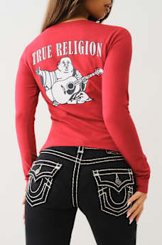 CRYSTAL LOGO LONG SLEEVE V NECK TEE, image 1