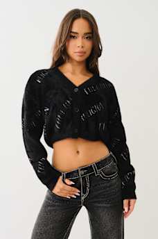 FUZZY LOGO CROP CARDIGAN SWEATER, image 3