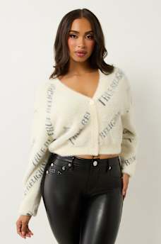 FUZZY LOGO CROP CARDIGAN SWEATER, image 1