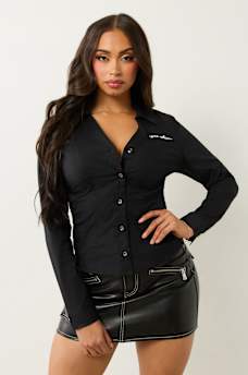 POPLIN EMBROIDERED LOGO V NECK SHIRT, image 3
