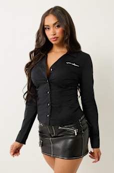 POPLIN EMBROIDERED LOGO V NECK SHIRT, image 4