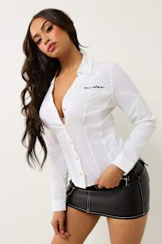 POPLIN EMBROIDERED LOGO V NECK SHIRT, image 3