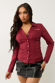 POPLIN EMBROIDERED LOGO V NECK SHIRT, image 3