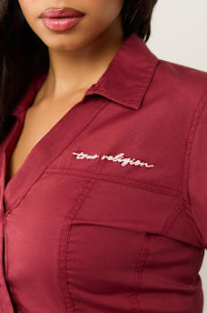POPLIN EMBROIDERED LOGO V NECK SHIRT, image 4