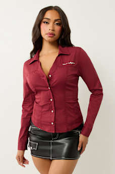 POPLIN EMBROIDERED LOGO V NECK SHIRT, image 1