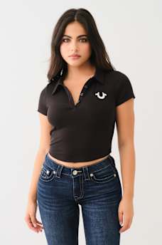 EMBROIDERED CROPPED RIBBED POLO SHIRT, image 1