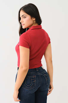 EMBROIDERED CROPPED RIBBED POLO SHIRT, image 4