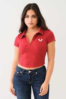 EMBROIDERED CROPPED RIBBED POLO SHIRT, image 1