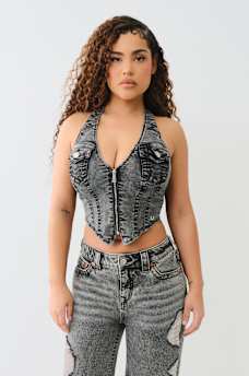 ZIP DENIM HALTER TOP, image 2