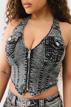 ZIP DENIM HALTER TOP, image 1