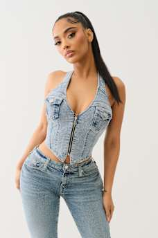 ZIP DENIM HALTER TOP, image 2