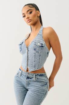 ZIP DENIM HALTER TOP, image 4