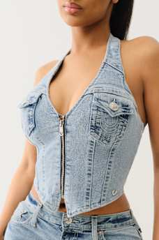ZIP DENIM HALTER TOP, image 1