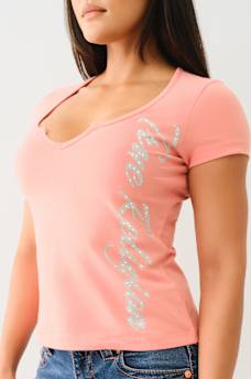 CRYSTAL TRUE RELIGION V NOTCH TEE, image 1