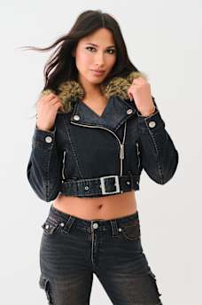 FUR TRIM DENIM MOTO JACKET, image 2